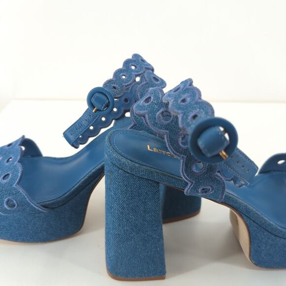 Larroude Women 11 Dolly Broderie Sandal Blue Stoned Denim Platform Ankle Strap - Picture 11 of 11